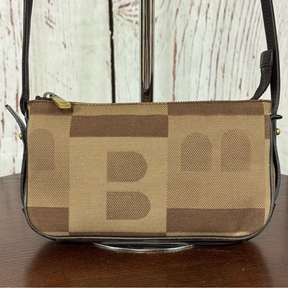 BALLY Monogram Brown textile & leather shoulder crossbody pochette mini Bag y2k